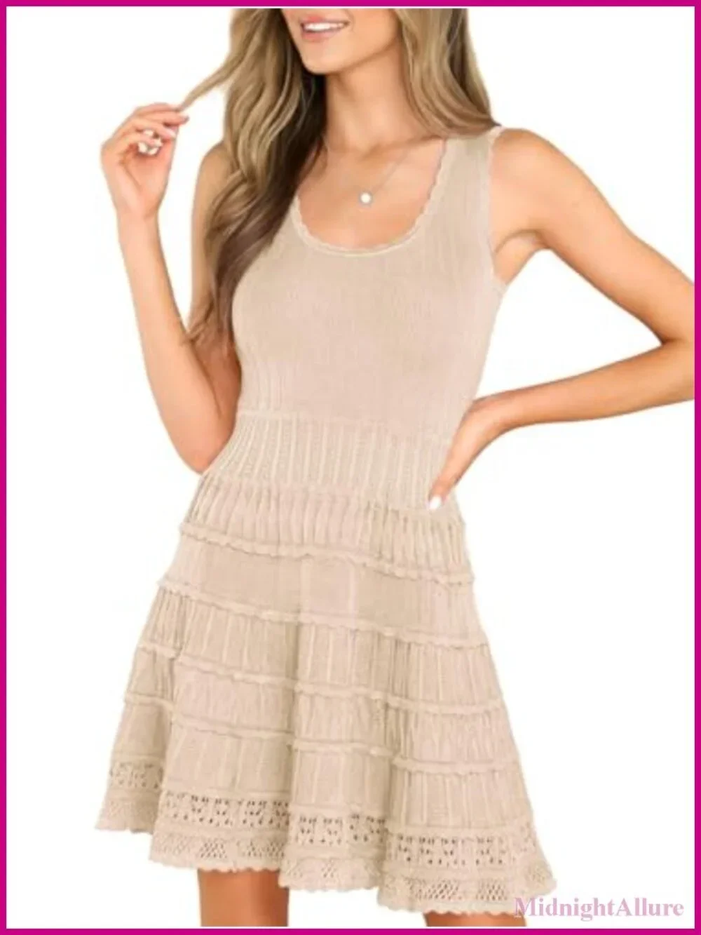 Casual Crewneck Knitted Crochet Hem Flowy Tank Mini Dress
